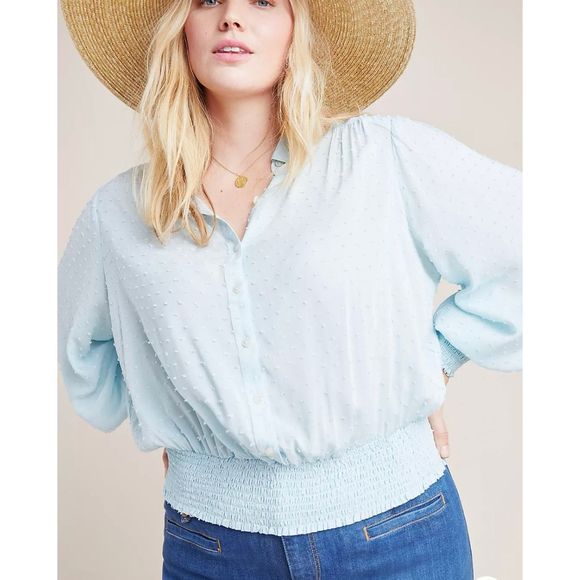 Anthropologie Maeve Fairfield Blouse Baby Blue Dot Blouse, Size 3X, MSRP $128 - Picture 1 of 9